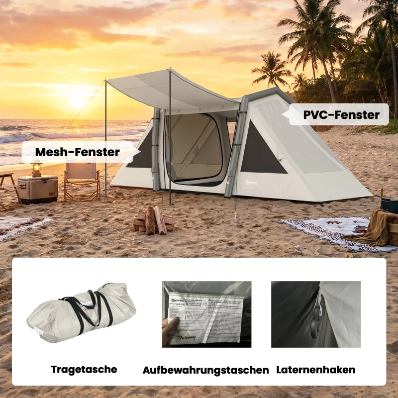 Outsunny Aufblasbares Zelt 4 Personen Schneller Aufbau Outdoor Zelt für Camping mit 2 Schlafzimmern Vorraum Fenster