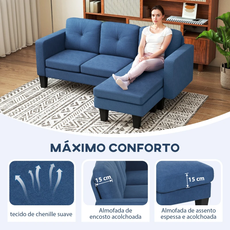 HOMCOM Sofá Chaise Longue Sofá em Forma de L Estofado em Poliéster Sofá de Canto Reversível 186x130x84 cm Azul Escuro