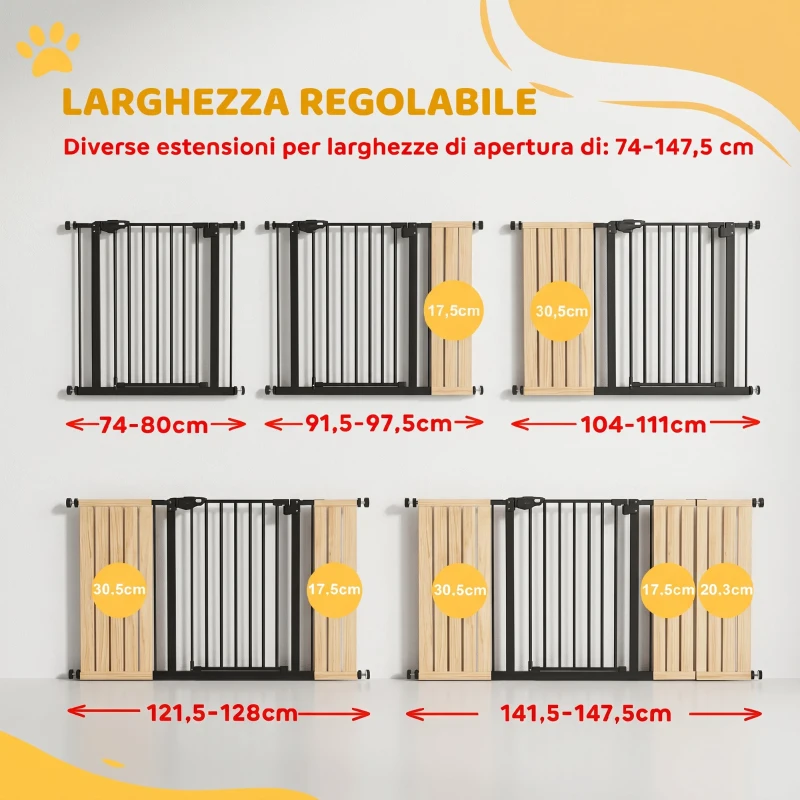 PawHut Cancellino per Cani a 3 Estensioni con Larghezza Regolabile fino a 147.5 cm e Chiusura Automatica, Nero
