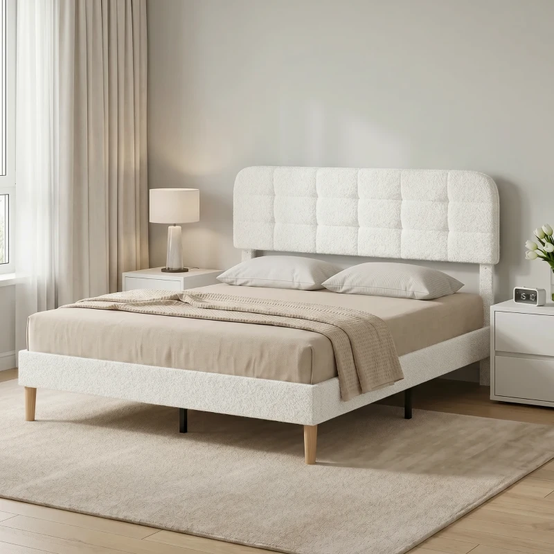 HOMCOM Telaio Letto Matrimoniale con Rete e Testiera Regolabile, Imbottito in Tessuto Teddy e Doghe in Legno, 205x170x108 cm, Bianco