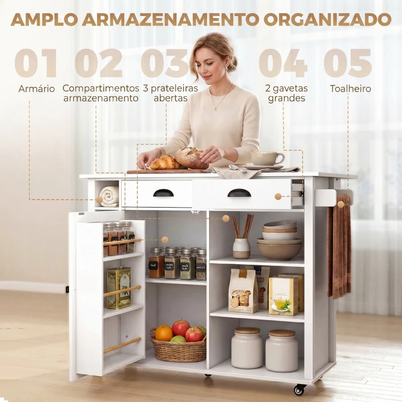 HOMCOM Ilha de Cozinha com Rodas, Tampo Rebatível, Prateleiras na Porta, Suporte para Toalhas, Armário, 2 Gavetas, 117,5x70x91 cm, Branco