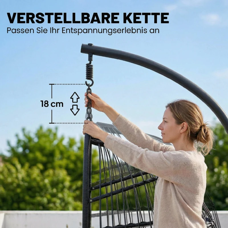 Outsunny Hängesessel mit Gestell faltbar Polyrattan Hängekorb mit Kissen Sicherheitsgurt Kopfstütze Bänder, höhenverstellbar
