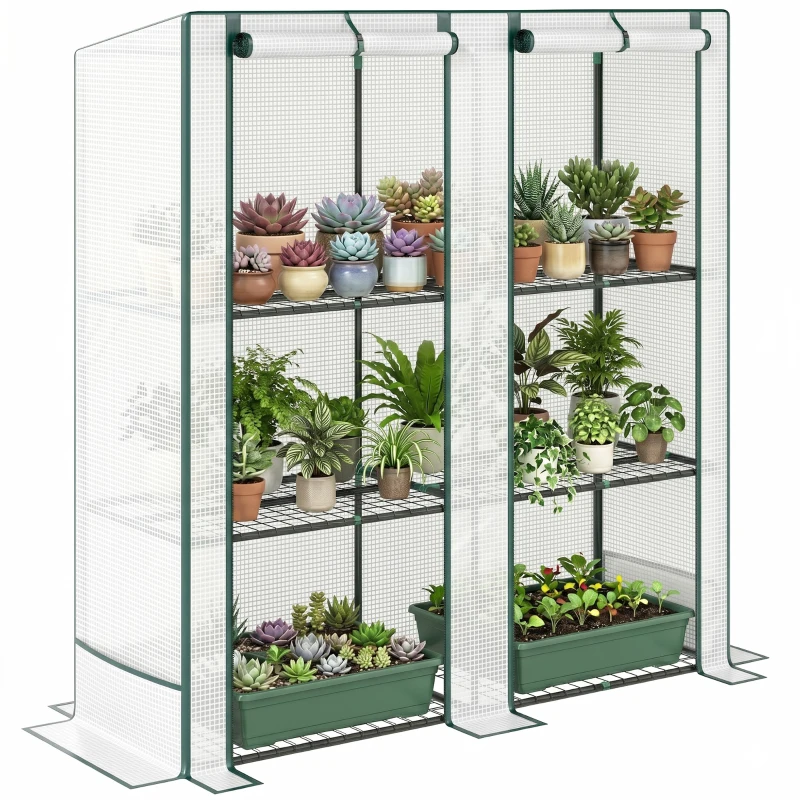 Outsunny Serra da Giardino con 2 Porte Avvolgibili, Scaffale a 3 Ripiani e Tasche Laterali, Bianco e Verde