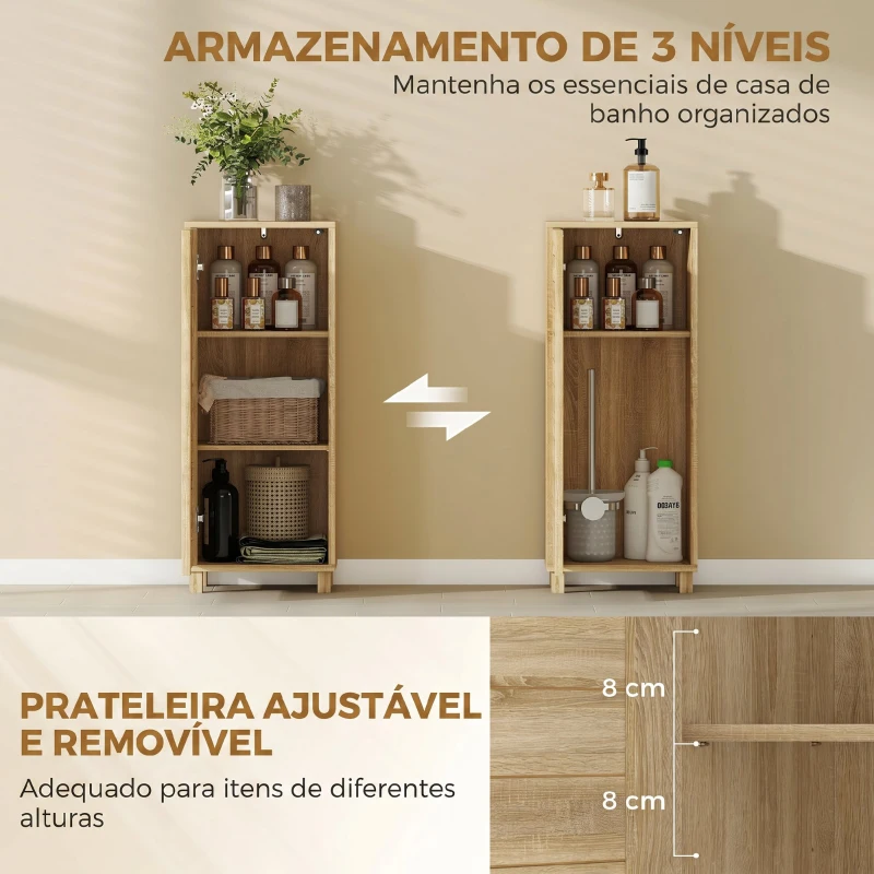 HOMCOM Armário de Casa de Banho Estreito Móvel Auxiliar de Casa de Banho com Porta de Ripas 3 Prateleiras 34x23x84 cm Madeira