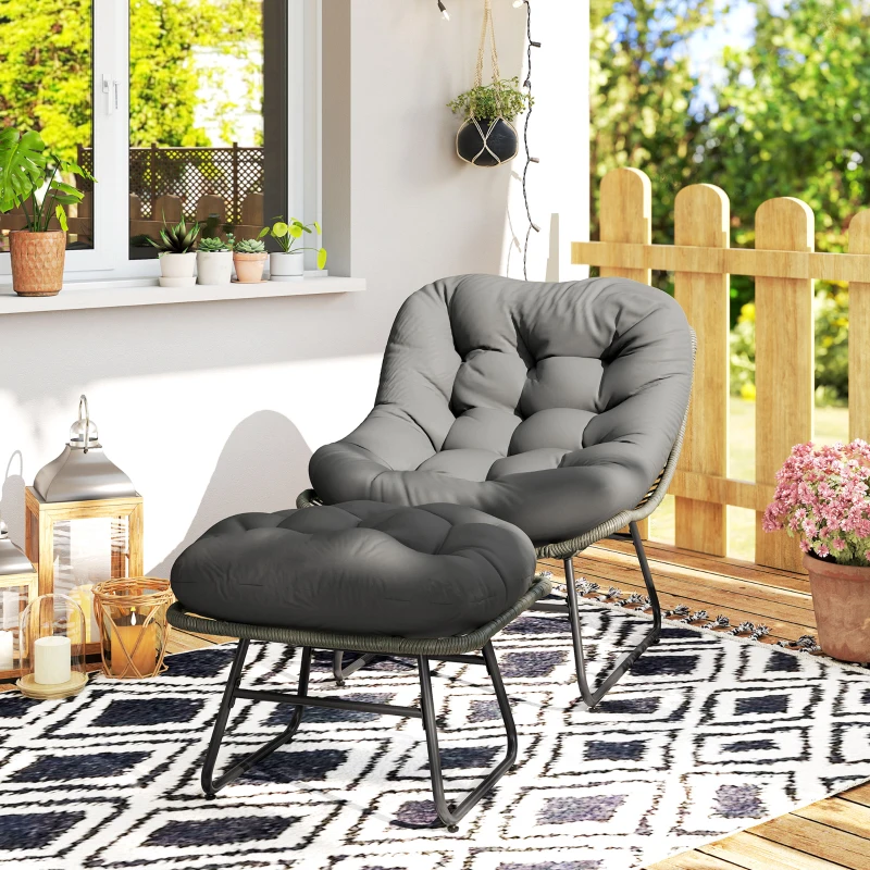 Outsunny Cadeira de Jardim com Otomano em Metal Epóxi e Vime Entrançado com Aspeto de Vime com Almofadas Macias Cinza