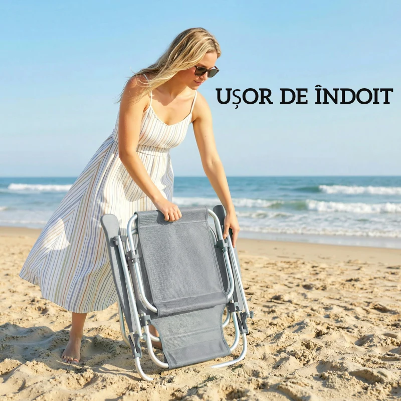 Outsunny Șezlong Reclinabil cu 6 Nivele, Copertină Reglabilă și Tetieră, din Aluminiu și Plasă, 62x68x79, Gri