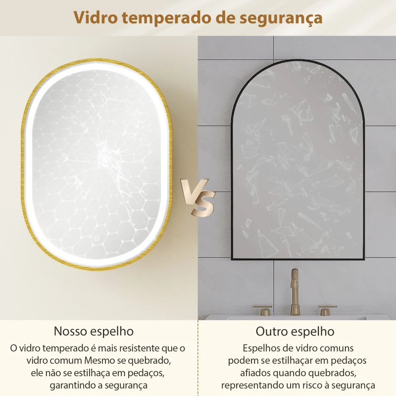 HOMCOM Armário de Casa de Banho com Espelho e Luzes LED de 3 Cores, Armário de Parede Oval com Memória e Função Antivapor, Dourado