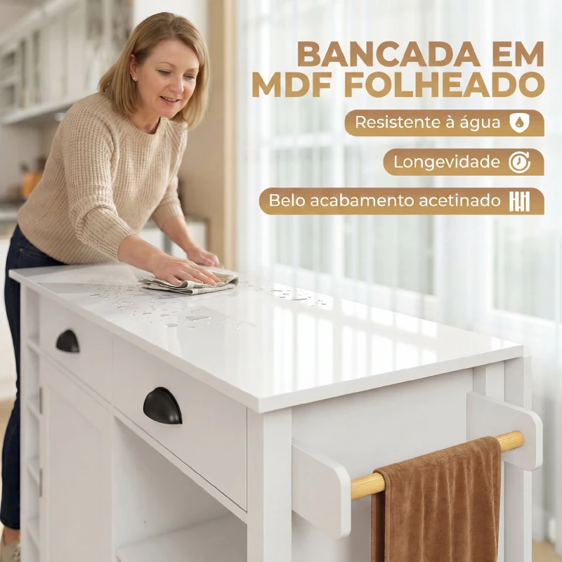 HOMCOM Ilha de Cozinha com Rodas, Tampo Rebatível, Prateleiras na Porta, Suporte para Toalhas, Armário, 2 Gavetas, 117,5x70x91 cm, Branco