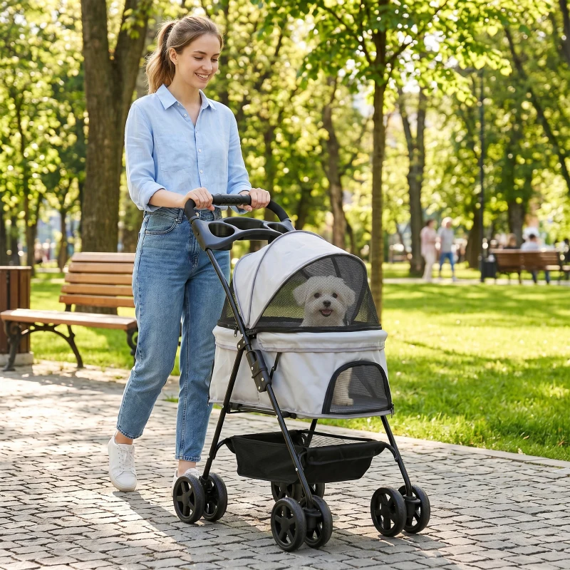 PawHut Carrinho para Cães Pequenos com 4 Rodas Travão Cesto Capota Correias de Segurança e Janelas 67x45x96 cm Cinza Claro