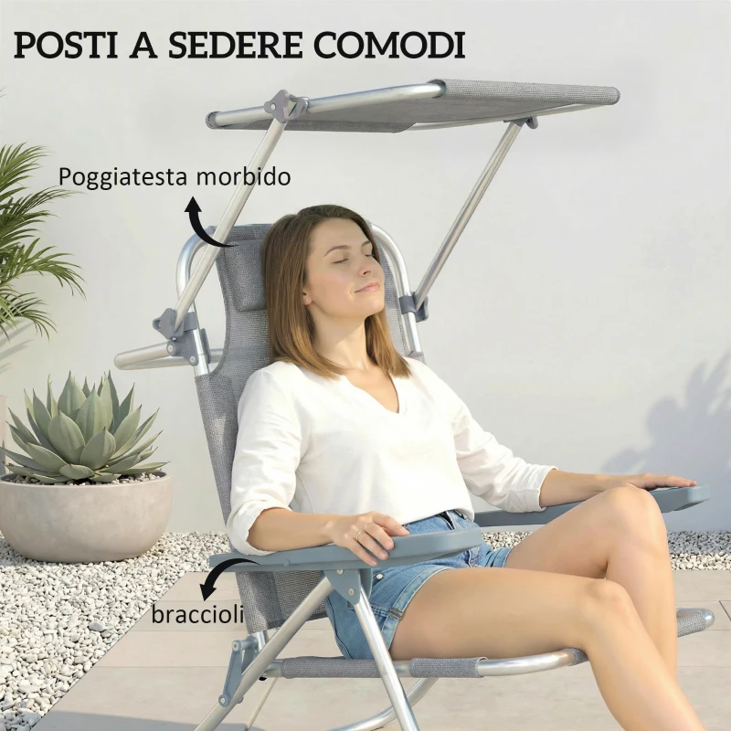 Outsunny Sedia a Sdraio Reclinabile a 6 Livelli con Tettuccio Regolabile e Poggiatesta, in Alluminio e Rete, 62x68x79, Grigio