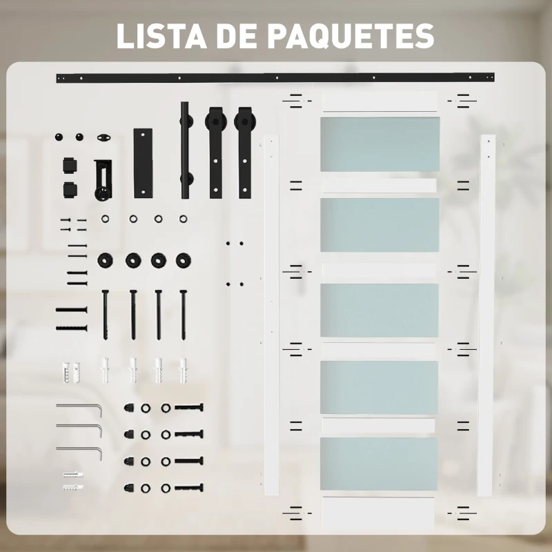 HOMCOM Puerta Corredera 71x213 cm con Kit de Montaje Puerta de Granero con Paneles de Vidrio y MDF Guía de PisoBlanco