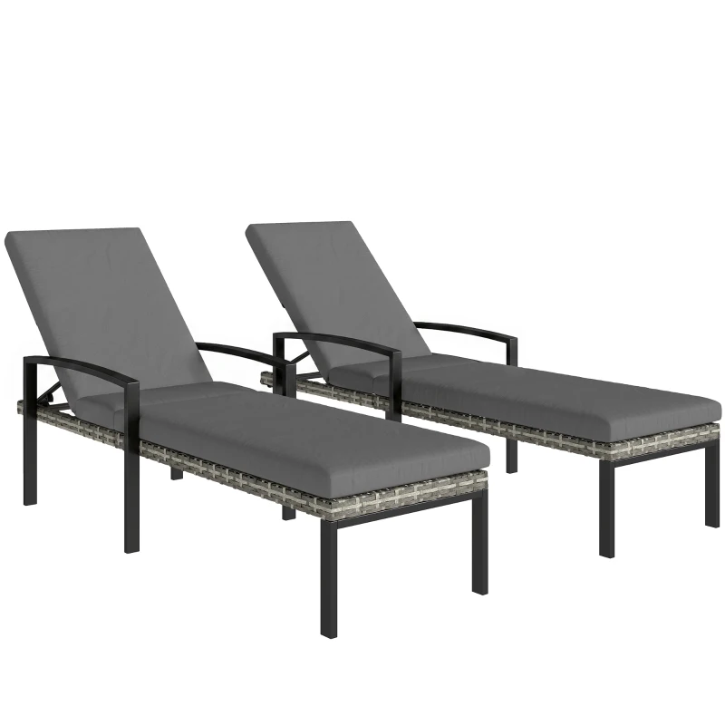 Outsunny 2er Set Sonnenliege Polyrattan Gartenliege mit 5-Fach verstellbar Rückenlehne Auflage bis 120kg Hellgrau