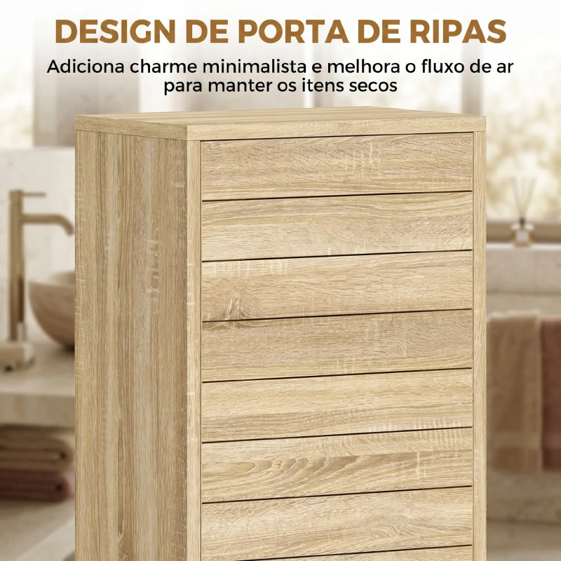 HOMCOM Armário de Casa de Banho Estreito Móvel Auxiliar de Casa de Banho com Porta de Ripas 3 Prateleiras 34x23x84 cm Madeira