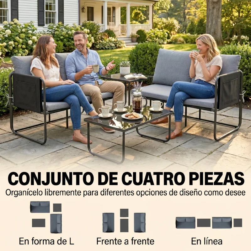 Outsunny Conjunto Jardín Exterior de 4 Piezas con 2 Sofás 2 Plazas 2 Mesas de Vidrio Cojines Fundas Extraíbles y Bolsillos Gris