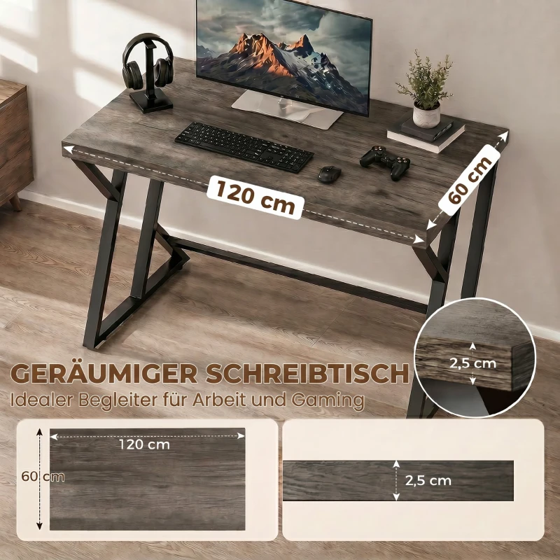 HOMCOM 120 cm Computertisch, Industrieller Schreibtisch mit Z-förmigem Metallgestell, Arbeitstisch für Büro, Used-Look Grau