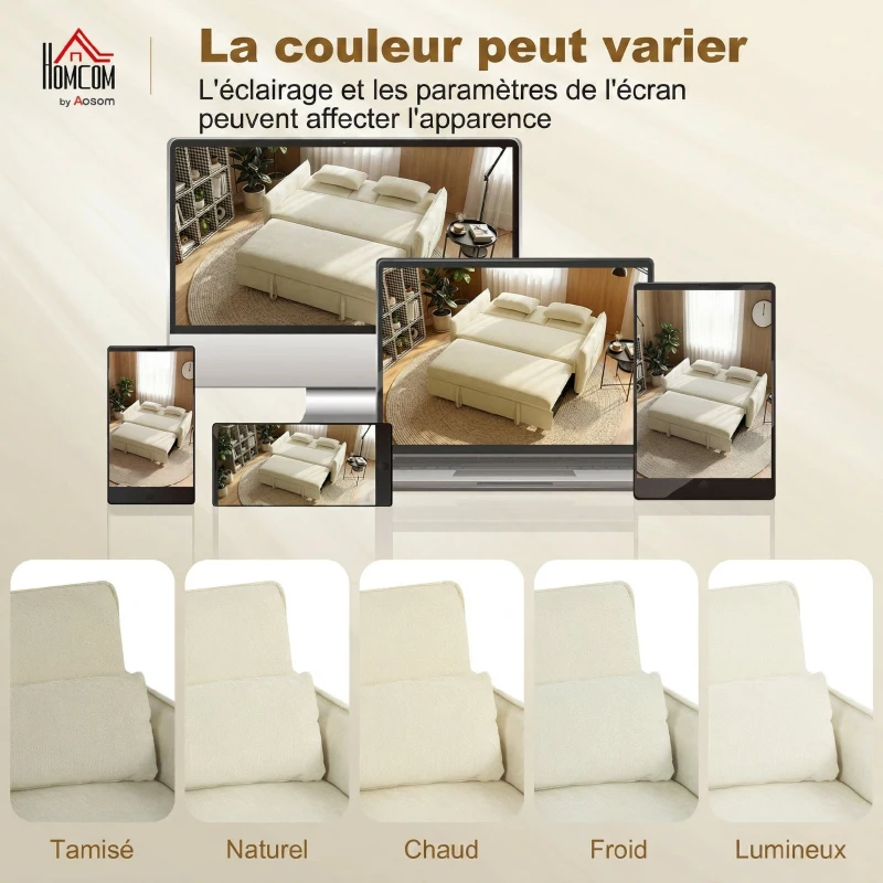 HOMCOM Canapé convertible 2 places 3 en 1, canapé-lit clic clac en chenille avec dossier réglable, porte-gobelets, beige