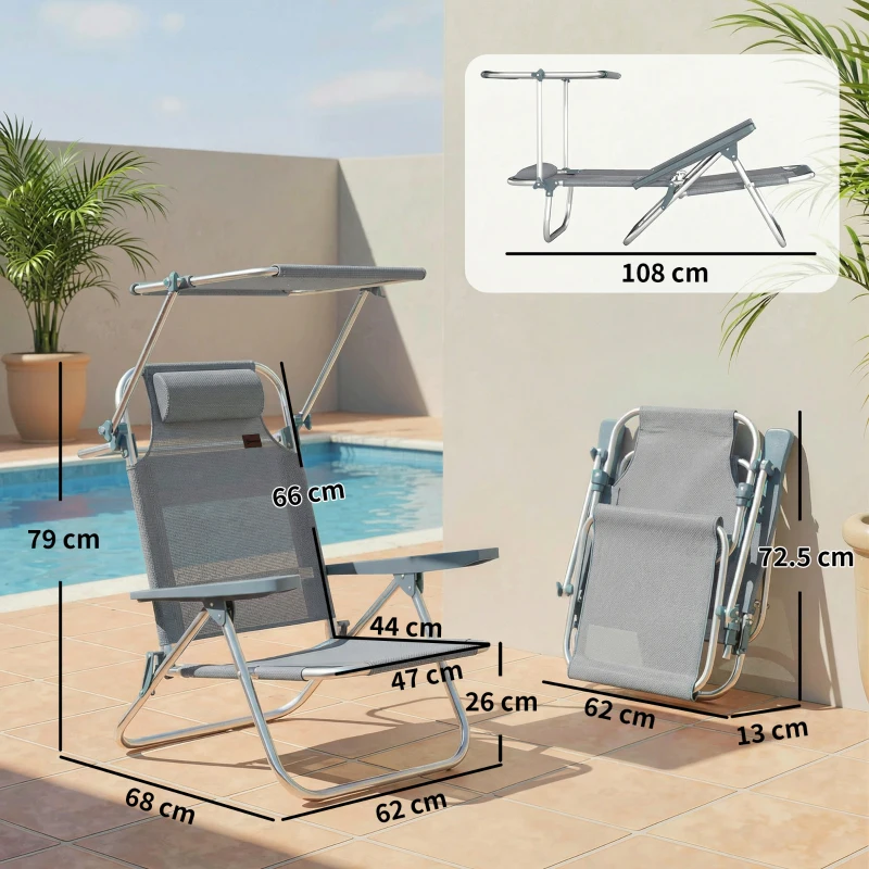 Outsunny Șezlong Reclinabil cu 6 Nivele, Copertină Reglabilă și Tetieră, din Aluminiu și Plasă, 62x68x79, Gri