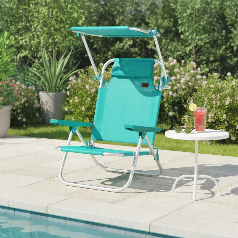 Outsunny Chaise de plage, chaise longue d'extérieur pliable à 6 positions, auvent ajustable et repose-tête, 62x68x79cm, turquoise