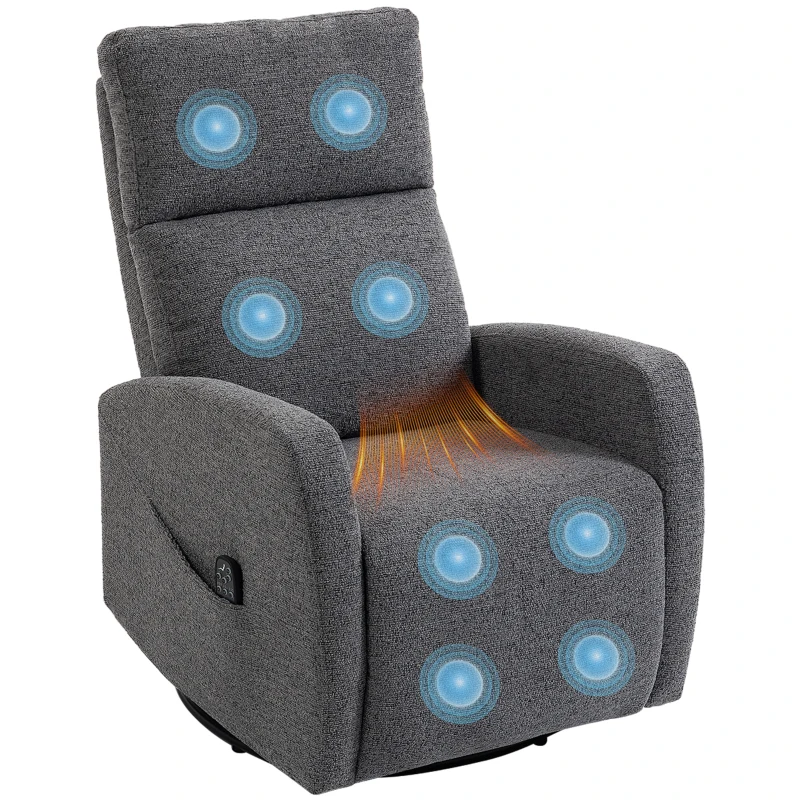HOMCOM Fotoliu relax, fotoliu de masaj din chenille cu funcție de încălzire, rotație 360°, mecanism de balans, reglare manuală, gri închis