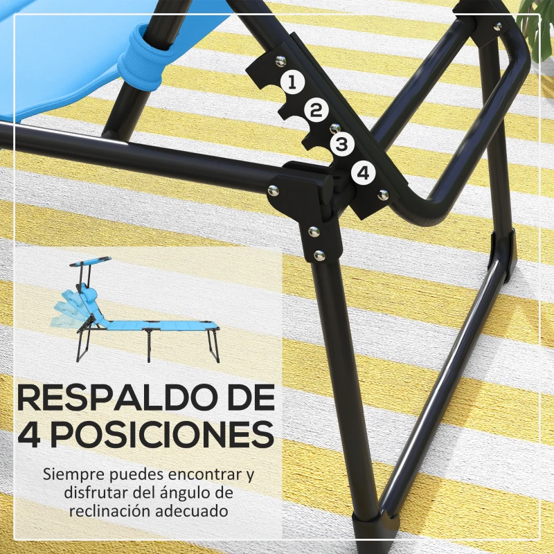 Outsunny Tumbona de Jardín con Toldo Ajustable Respaldo Regulable 4 Niveles Reposacabezas para Terraza 70x200x45 cm Azul Claro