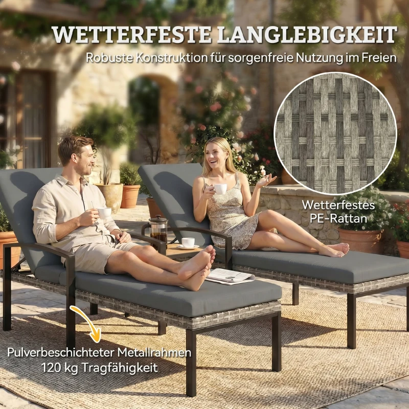Outsunny 2er Set Sonnenliege Polyrattan Gartenliege mit 5-Fach verstellbar Rückenlehne Auflage bis 120kg Hellgrau