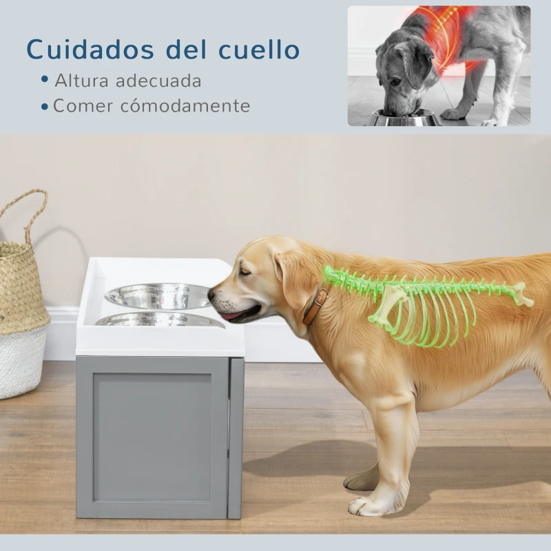 PawHut Comedero Elevado para Perros Grandes con 2 Cuencos de 2000 ml de Acero Inoxidable y 1 Cajón 63x30x36 cm Gris y Blanco