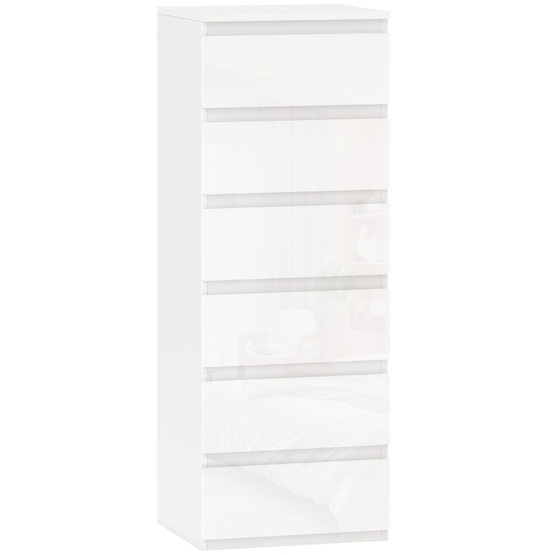 HOMCOM Commode 6 tiroirs à haute brillance, meuble de rangement étroit sans poignées, 40 x 35 x 109 cm, blanc