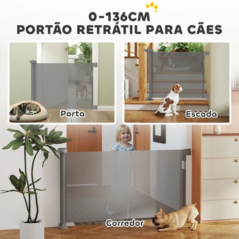 PawHut Barreira de Segurança para Cães Retrátil 0-136 cm  para Cães Pequenos com Botão de Fecho Cinzento
