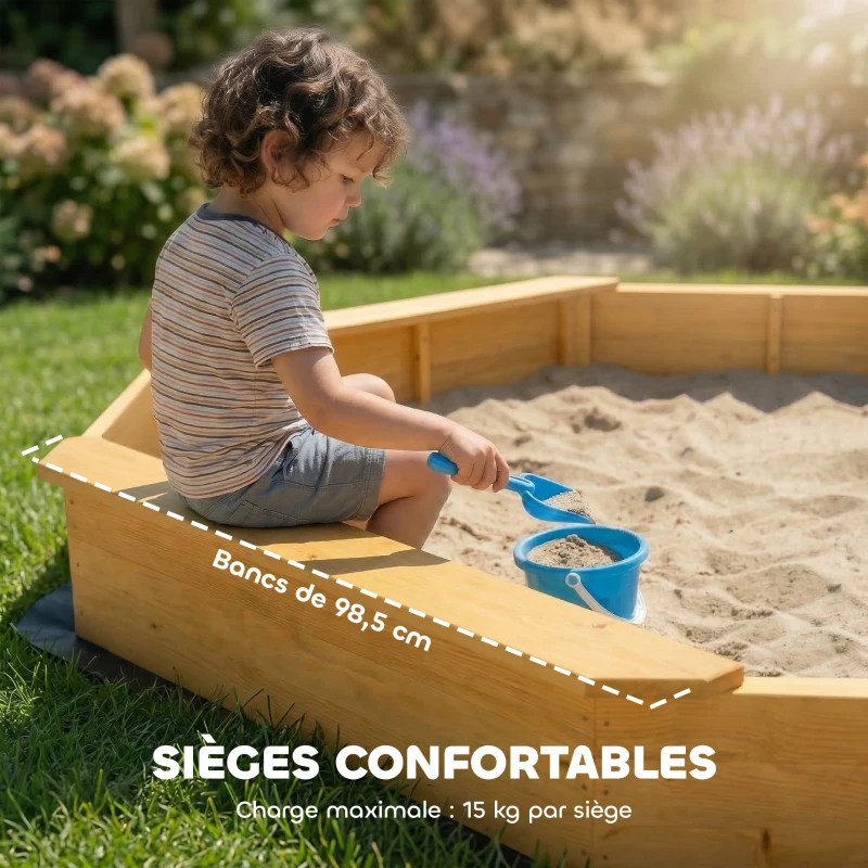AIYAPLAY Bac à sable en bois avec auvent, bac à sable enfant extérieur avec 4 bancs, doublure de fond, jaune