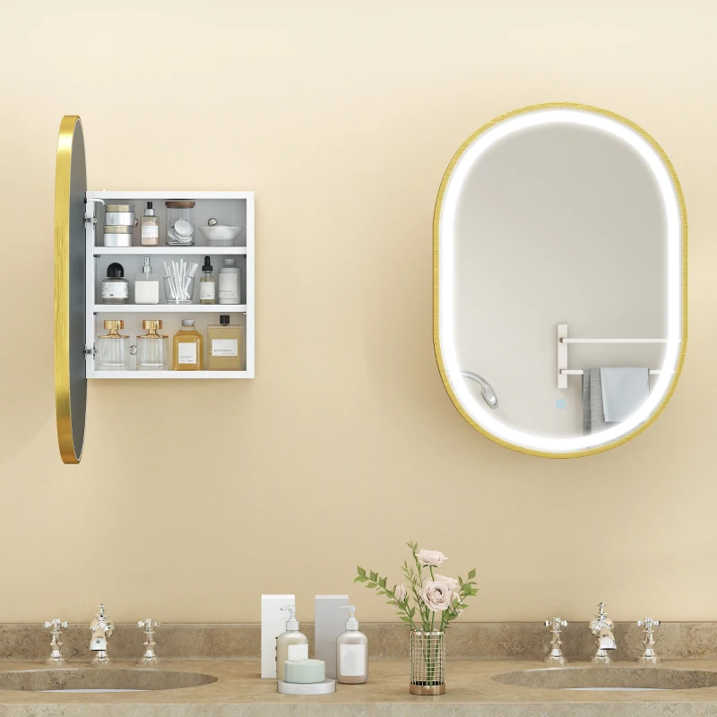 HOMCOM Armário de Casa de Banho com Espelho e Luzes LED de 3 Cores, Armário de Parede Oval com Memória e Função Antivapor, Dourado