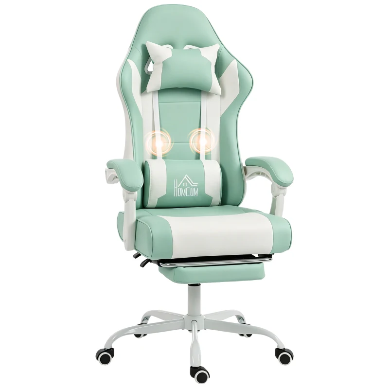 HOMCOM Silla Gamer con Lumbar Masaje Vibración Reclinable 155° Altura Ajustable Reposacabezas y Reposapiés Retráctil Azul