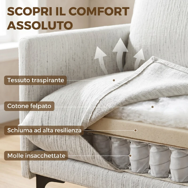 HOMCOM Divano 2 Posti in Tessuto con Braccioli, Imbottitura Spessa e 2 Cuscini, 131x78x83 cm, Bianco