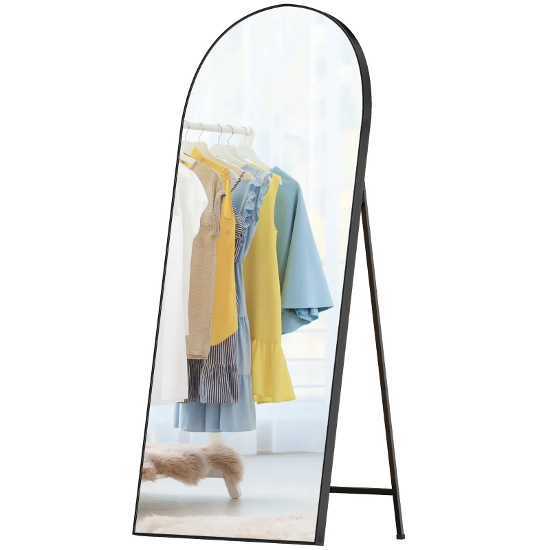 HOMCOM Espelho de Corpo Inteiro 180x80 cm Espelho de Pé Arqueado Moldura de Alumínio Independente Apoiado e de Parede Preto