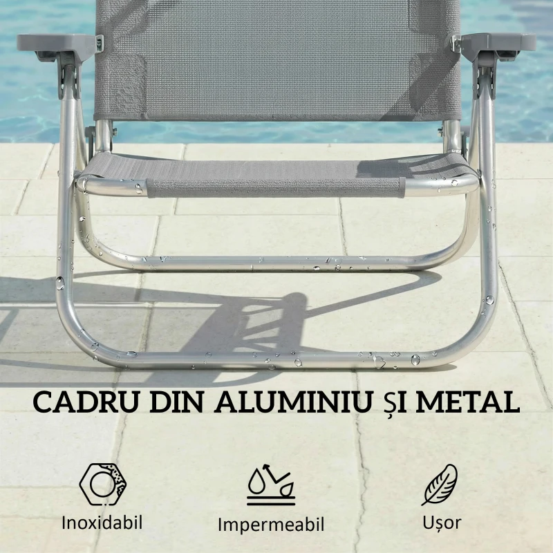 Outsunny Șezlong Reclinabil cu 6 Nivele, Copertină Reglabilă și Tetieră, din Aluminiu și Plasă, 62x68x79, Gri