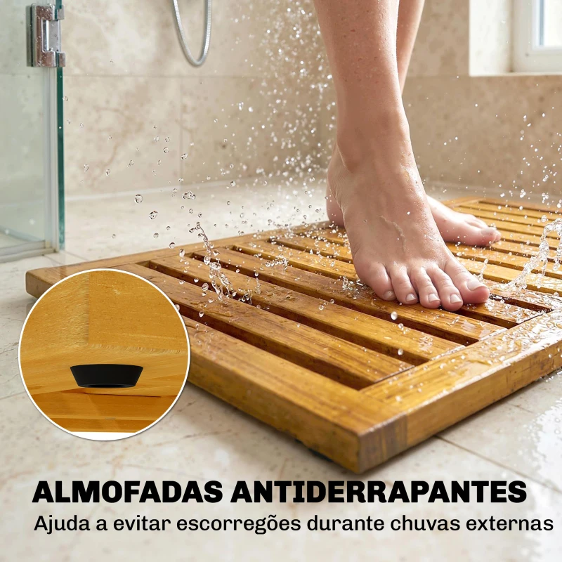Outsunny Tapete de Banho em Madera de Acacia 91x51 cm Tapete de Duche  Antideslizante com Ripas para Drenagem Madeira