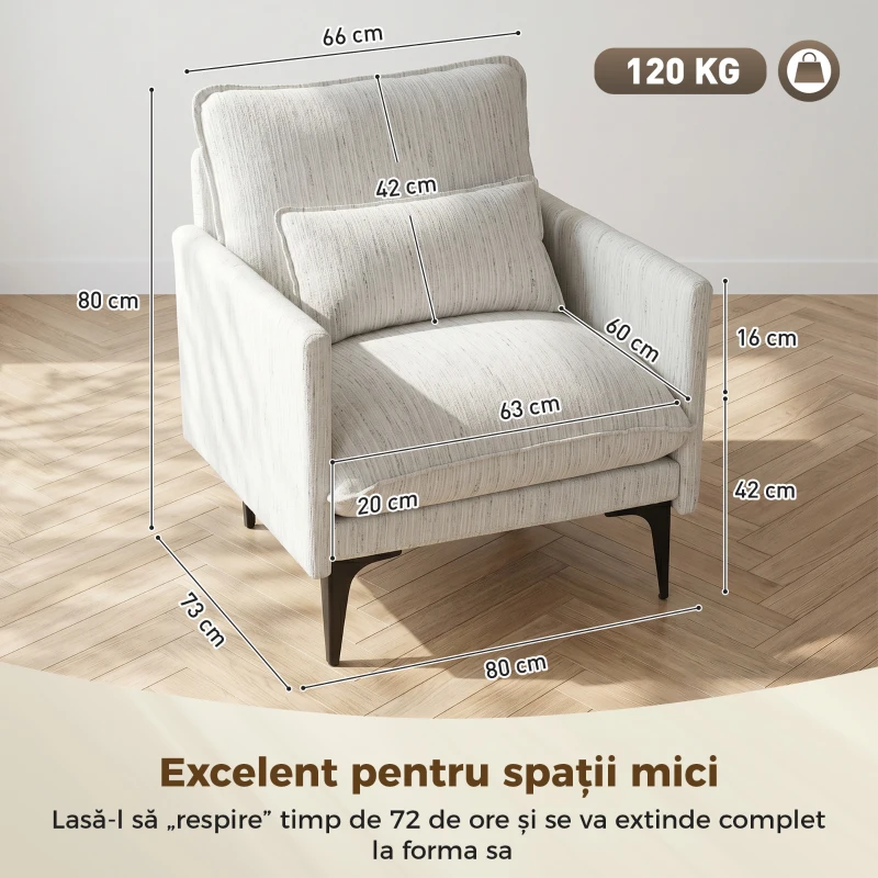 HOMCOM Fotoliu Living Tapițat din Țesătură cu Efect de In cu Brațe, Pernă Lombară și Șezut Generos, Alb