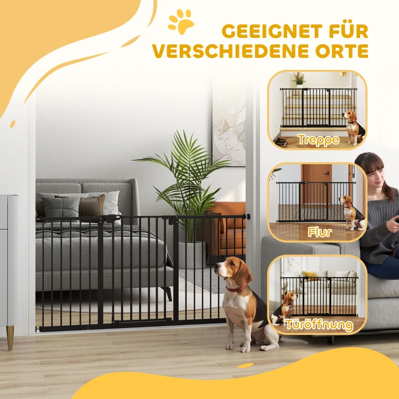 PawHut Türschutzgitter Treppenschutzgitter mit 17,5/20,3/30,5 cm Verlängerung Türgitter ohne Bohren mit Auto-Close für Breiten 74-147,5 cm Beidseitig Schwenkbar Metall Schwarz