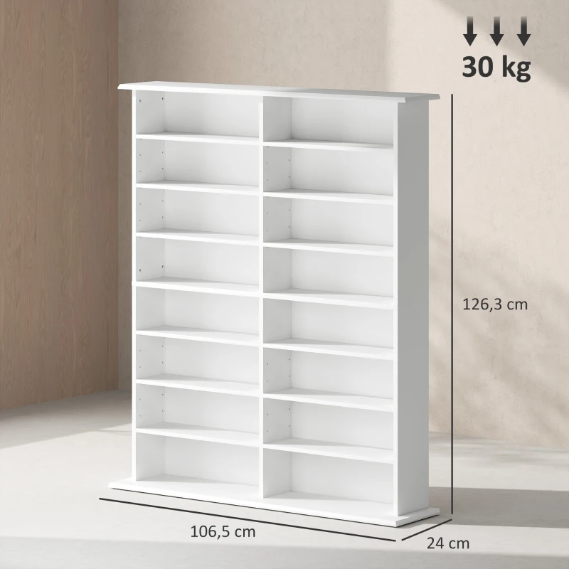 HOMCOM Rangements pour CD et DVD avec 16 compartiments et 12 étagères réglables, capacité max. 720 CD/396 DVD et Blu-ray, blanc