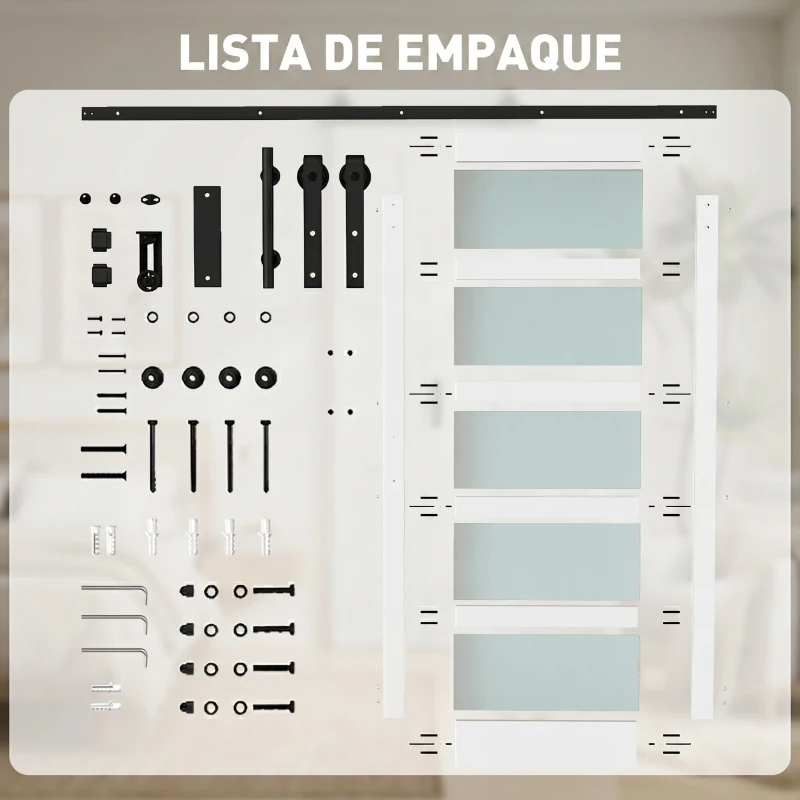 HOMCOM Puerta Corredera 91x213 cm con Kit de Montaje Puerta de Granero con Paneles de Vidrio y MDF Guía de PisoBlanco
