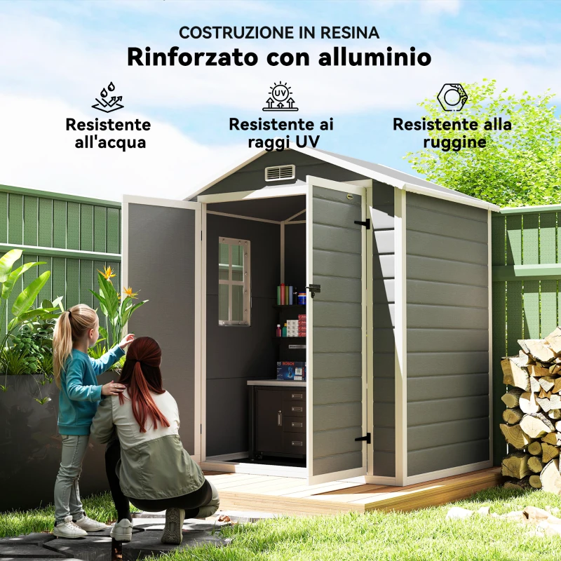 Outsunny Casetta da Giardino con Finestra e Doppia Porta PP e Alluminio, 183x134x210 cm, Grigio