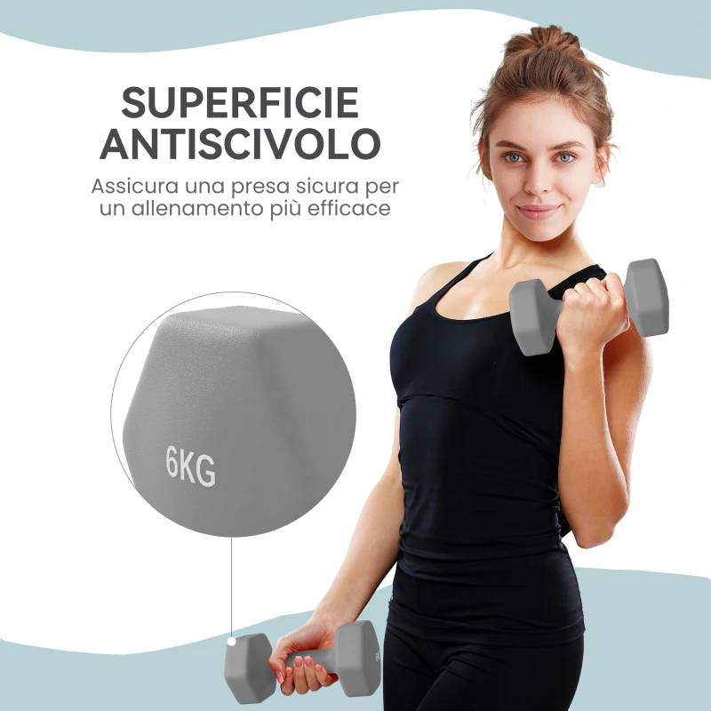 SPORTNOW Set 2 Manubri Esagonali da 2x6 kg in Metallo e Plastica con Impugnatura Antiscivolo, 22x10x10 cm, Grigio