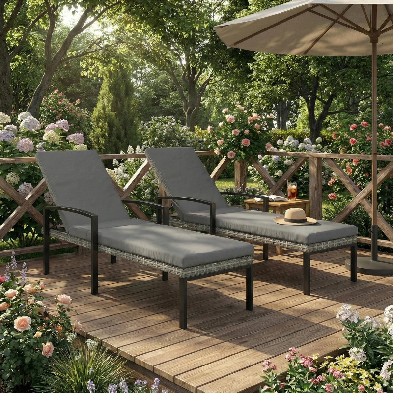 Outsunny 2er Set Sonnenliege Polyrattan Gartenliege mit 5-Fach verstellbar Rückenlehne Auflage bis 120kg Hellgrau