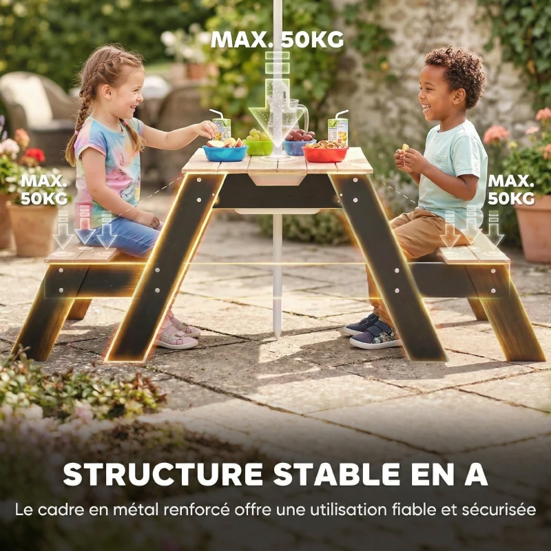 AIYAPLAY Table de pique-nique enfants avec parasol, 3 en 1 salon de jardin en bois pour enfants 3-6 ans avec 2 boîtes, naturel