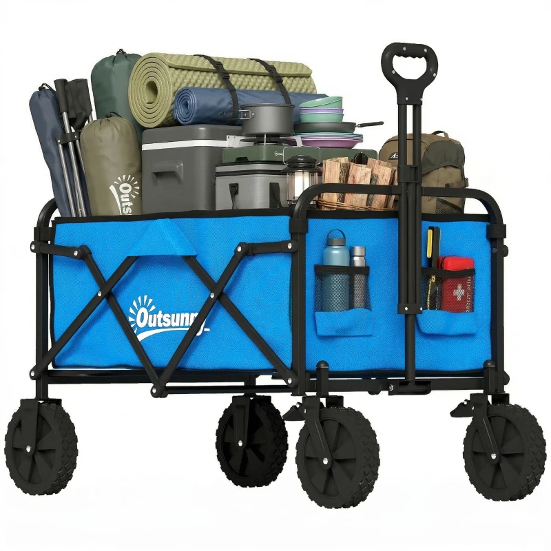 Outsunny Carrinho de Jardim Dobrável com Rodas Bloqueáveis Cabo Ajustável Porta-Copos Carga 80 kg para Camping 85x50x99 cm Azul