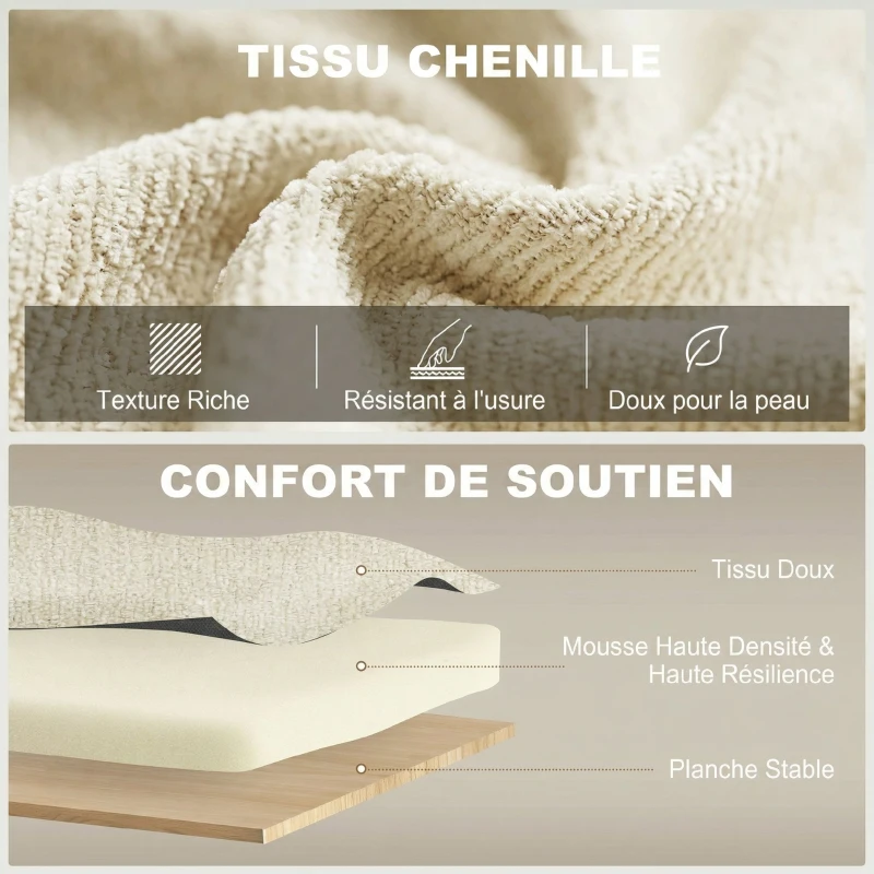 HOMCOM Canapé convertible 2 places 3 en 1, canapé-lit clic clac en chenille avec dossier réglable, porte-gobelets, beige