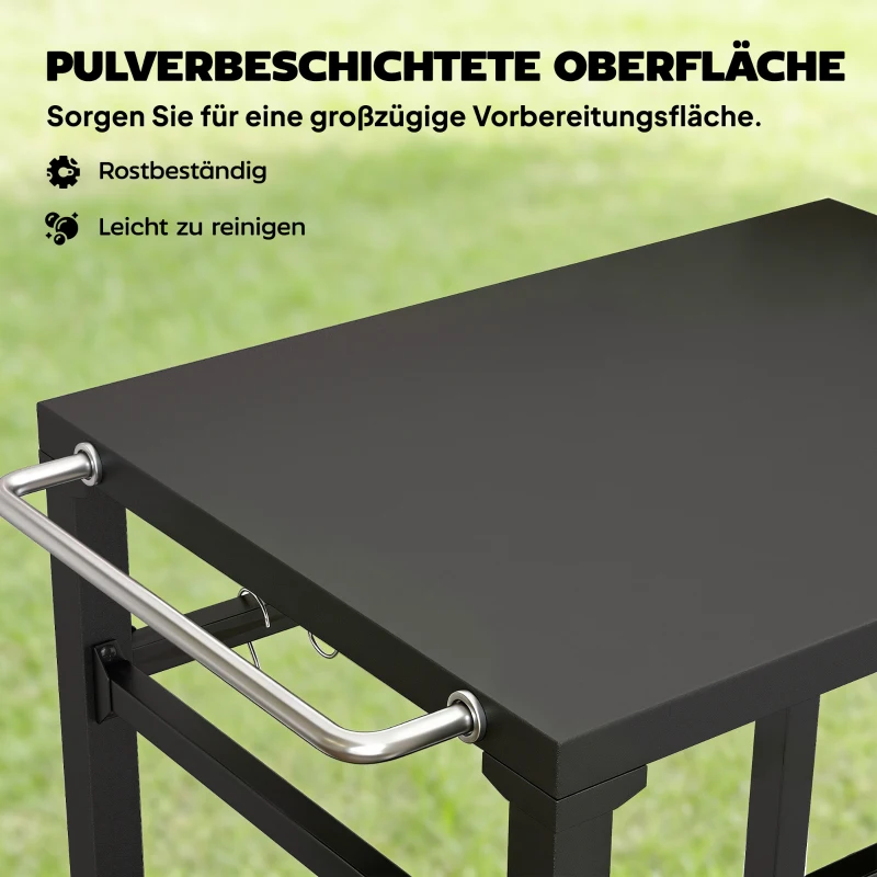 Outsunny Outdoor-Grillwagen, Pizzaofen-Stand mit Metalloberfläche, 2-stufige rollende Küchenstation mit Haken und Griff, Schwarz