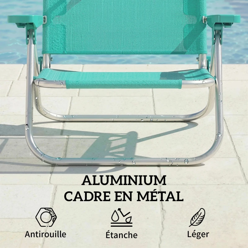 Outsunny Chaise de plage, chaise longue d'extérieur pliable à 6 positions, auvent ajustable et repose-tête, 62x68x79cm, turquoise