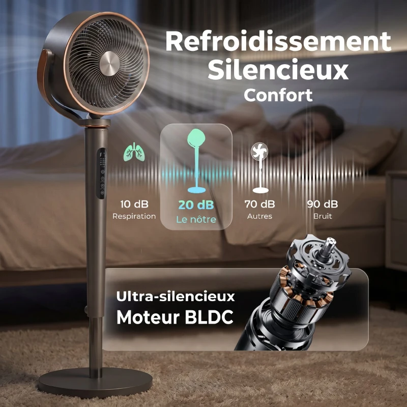 HOMCOM Ventilateur sur pied silencieux 20 dB, oscillation automatique 70°+90°, 12 vitesses, lumière LED et minuterie 12H