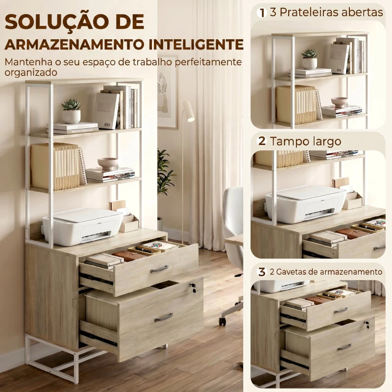 HOMCOM Arquivador com Prateleiras Móvel de Escritório com Prateleiras Gaveta para Arquivos A4 e Carta e Suporte para Impressora 70x40x157 cm Carvalho