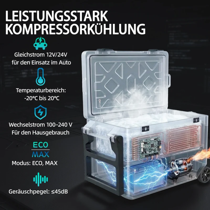 Outsunny 42,5 Liter Kompressor Kühlbox Leise elektrisch Mini Kühlschrank bis -20℃ Kühlbox mit Bluetooth Rolle Griff Handyhalter